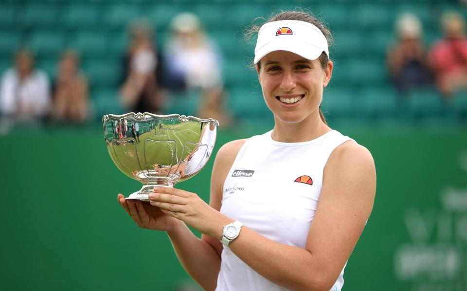 Britain's Johanna Konta celebrates with the trophy - ACTION IMAGES