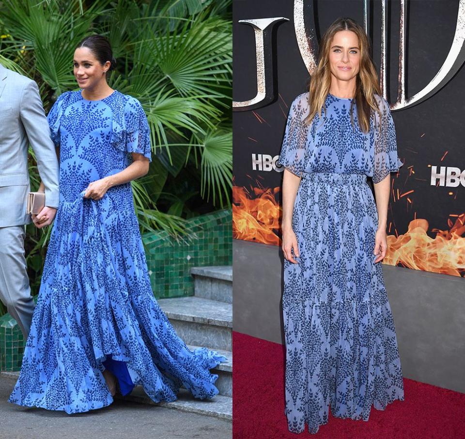 <p>During her 2019 royal visit to Morocco, the Duchess of Sussex stunned in a blue patterned Carolina Herrera gown for her private audience with King Mohammed VI. Only a few months later, actress Amanda Peet wore the same dress to the Game of Thrones season 8 premiere in New York City.</p>