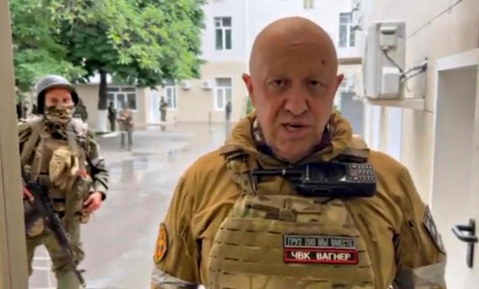 Rostov-on-Don, Ukraine. 24th June, 2023. A screen grab of Russian Yevgeny Prigozhin, owner of the Wagner Group of mercenaries broadcasting from inside the Russian Military Southern District headquarters surrounded by his loyal fighters, June 24, 2023 in Rostov-on-Don, Russia. Prigozhin launched a rebellion against Moscow accusing the government of lying to the nation and corruption. Credit: Pool Photo/Wagner Group/Alamy Live News