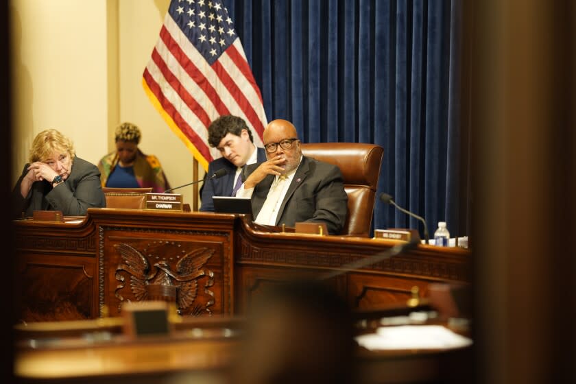 WASHINGTON, DC - JULY 27: Rep. Zoe Lofgren (D-CA), left, and Chairman Rep. Bennie Thompson (D-MS) and members of the House select committee investigating the deadly pro-Trump invasion of the U.S. Capitol are seen during first hearing in the Cannon House Office Building on Capitol Hill on Tuesday, July 27, 2021 in Washington, DC. During its first hearing, the committee - which currently made up of seven Democrats and two Republicans - heard testimony from law enforcement officers about their experiences while defending the Capitol on January 6. (Kent Nishimura / Los Angeles Times)