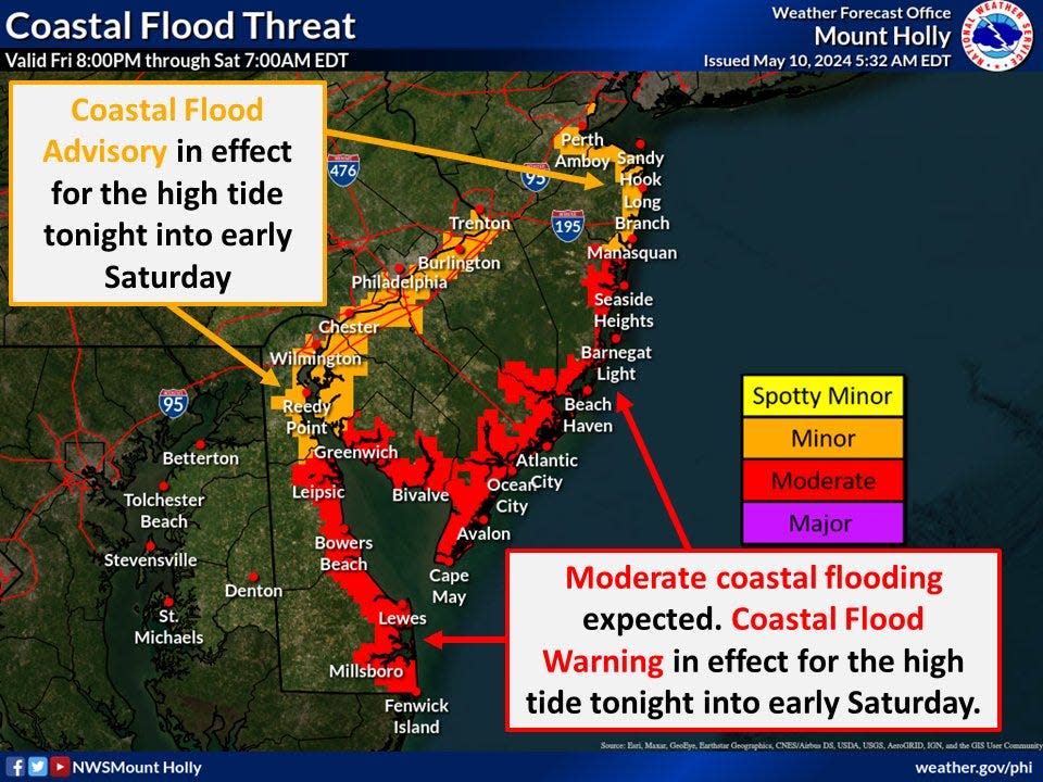 The National Weather Service said a threat of coastal flooding will last at least through early Saturday, May 11. Mother's Day weekend will be unseasonably cold in Bucks County and South Jersey.