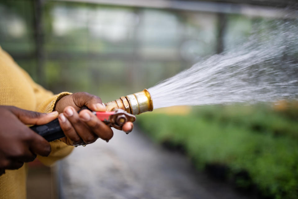 A stock image of a woman holding a hose