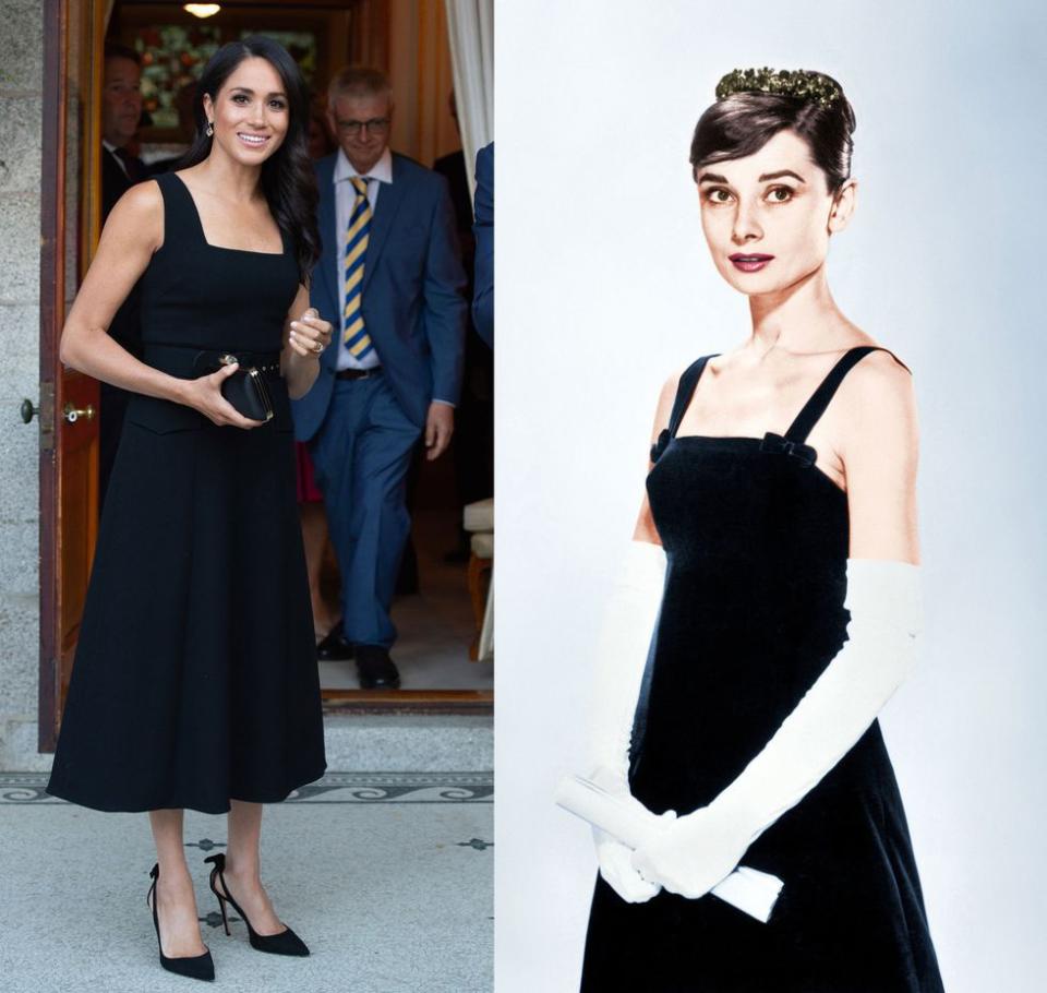 <p>During her <a rel="nofollow noopener" href="https://www.elle.com/culture/celebrities/a22116994/meghan-markle-dublin-ireland-tour-outfit-cost/" target="_blank" data-ylk="slk:two-day trip to Ireland;elm:context_link;itc:0;sec:content-canvas" class="link ">two-day trip to Ireland</a> this July, the Duchess of Sussex wore a court-neck dress by Emilia Wickstead to the British Ambassador's residence in Dublin. The smart LDB isn't a far cry from the one Audrey wore promoting her 1954 film, <em>Sabrina.</em></p>