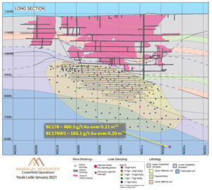 Longitudinal section of Youle illustrating the location of the BC176 and BC176W1 intercept. As the intercepts are within 1m of each, one dot portrays both intercepts.