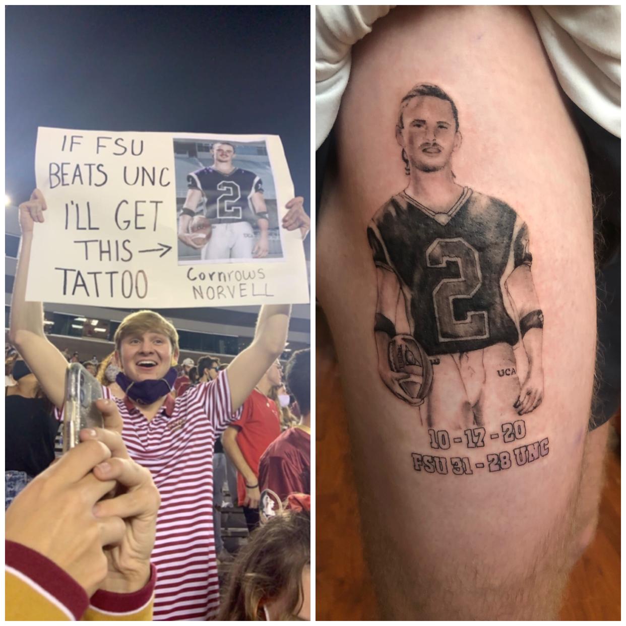TCC student and lifelong FSU fan Jack Henyecz made good on his word over the weekend, getting a tattoo of FSU coach Mike Norvell’s cornrows photo.