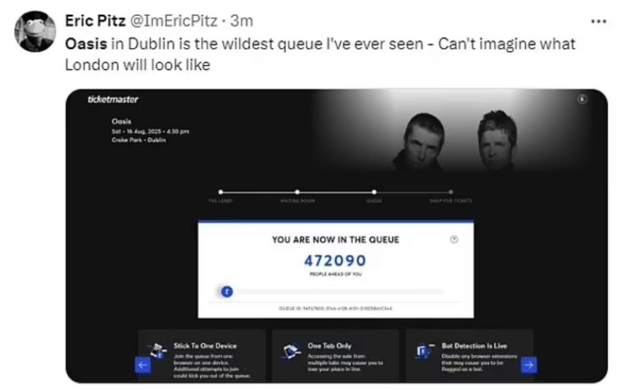 A fan posts about the Ticketmaster queue for Oasis tickets
