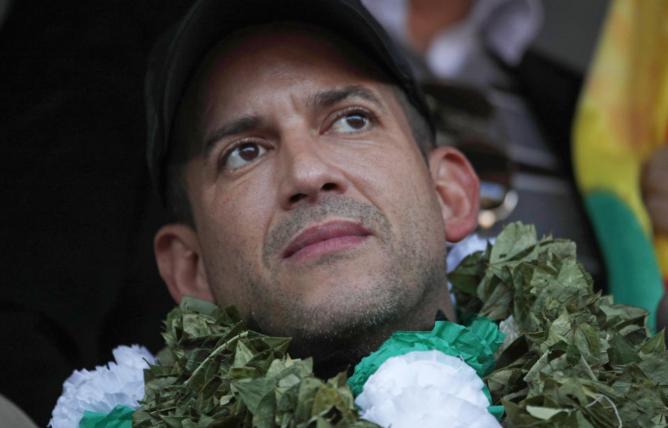 FILE - In this Nov. 7, 2019 file photo, Luis Fernando Camacho, opposition leader and president of the Civic Committee Pro Santa Cruz, attends a rally with the coca leaf growers in La Paz, Bolivia. Camacho has led protests against former President Evo Morales and is strong in Santa Cruz, an eastern region that is Bolivia’s economic engine and a counterweight to the political dominance of La Paz, in the west. (AP Photo/Juan Karita, File)