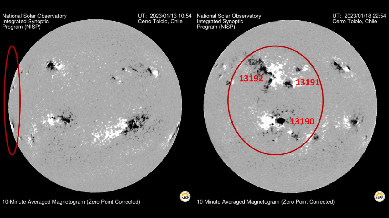  Active regions on the sun as seen on Jan. 13, 2023 (left), and Jan. 18, 2023 (right). 