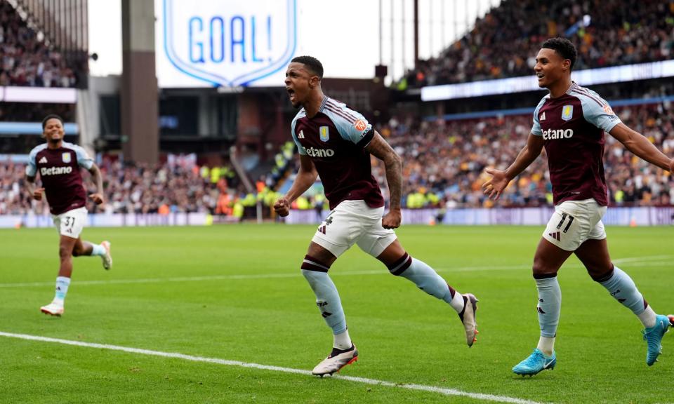 <span>Aston Villa's Ezri Konsa celebrates after scoring his side’s second goal against Wolves.</span><span>Photograph: Martin Rickett/PA</span>