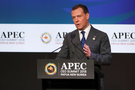 Prime Minister of Russia Dmitry Medvedev speaks during the APEC CEO Summit 2018 at Port Moresby, Papua New Guinea, 17 November 2018. Fazry Ismail/Pool via REUTERS