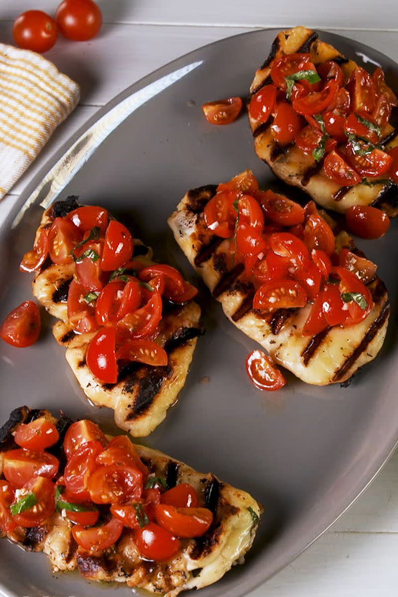 <p>Halloumi has a high melting point, making it ideal for grilling. We used it as crust for the <a href="https://www.delish.com/uk/cooking/recipes/a30165416/best-bruschetta-tomato-recipe/" rel="nofollow noopener" target="_blank" data-ylk="slk:perfect bruschetta;elm:context_link;itc:0;sec:content-canvas" class="link ">perfect bruschetta</a> and couldn't stop eating it. Don't cut your halloumi slices too thin or they won't hold up well under the weight of the tomatoes. </p><p>Get the <a href="http://www.delish.com/uk/cooking/recipes/a33020222/grilled-halloumi-bruschetta-recipe/" rel="nofollow noopener" target="_blank" data-ylk="slk:Grilled Halloumi Bruschetta;elm:context_link;itc:0;sec:content-canvas" class="link ">Grilled Halloumi Bruschetta</a> recipe.</p>