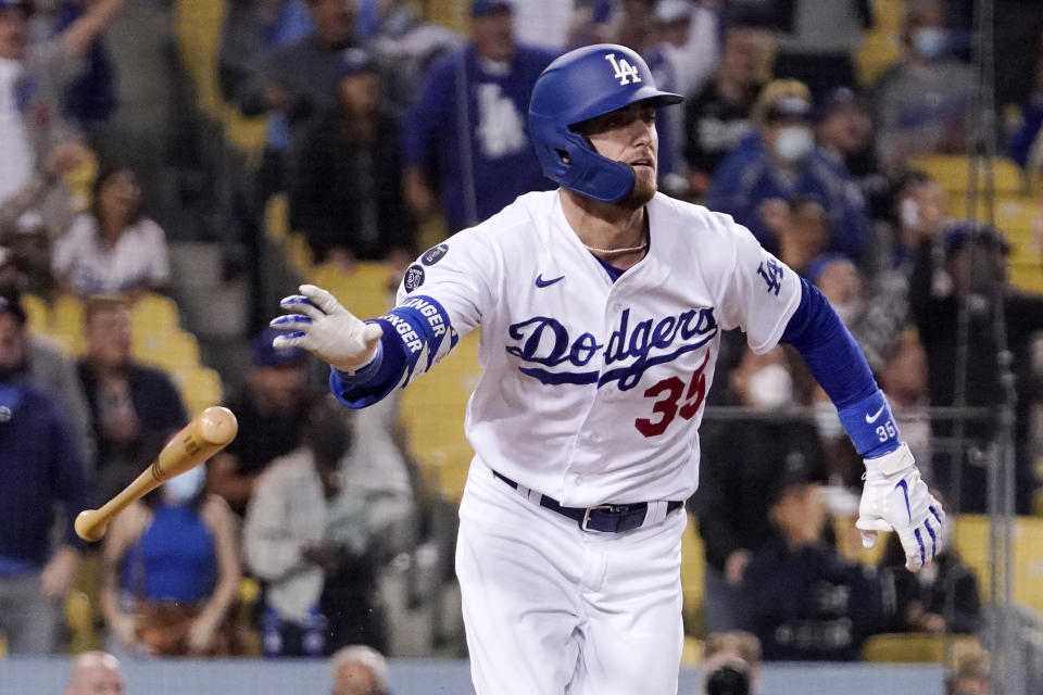 Los Angeles Dodgers' Cody Bellinger drops hit bat after hitting a solo home run during the eighth inning of a baseball game against the San Diego Padres Wednesday, Sept. 29, 2021, in Los Angeles. (AP Photo/Mark J. Terrill)