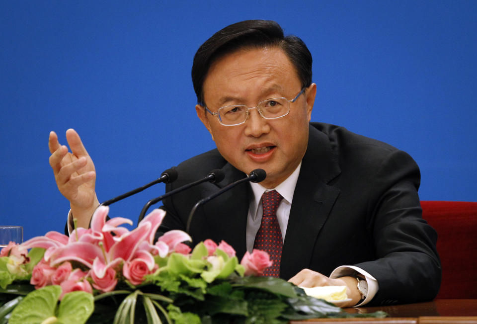 China's Foreign Minister Yang Jiechi speaks during a press conference at the Great Hall of the People in Beijing, China, Tuesday, March 6, 2012. Yang said Tuesday that Beijing and Washington need to build more trust, though he suggested the onus is on the U.S. to respect Chinese interests on issues such as Taiwan and Tibet. (AP Photo/ Vincent Thian)