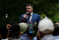 <p>White nationalist leader Jason Kessler speaks during a rally marking the one year anniversary of the 2017 Charlottesville “Unite the Right”protests, in Washington, D.C. August 12, 2018. (Photo: Jim Urquhart/Reuters) </p>