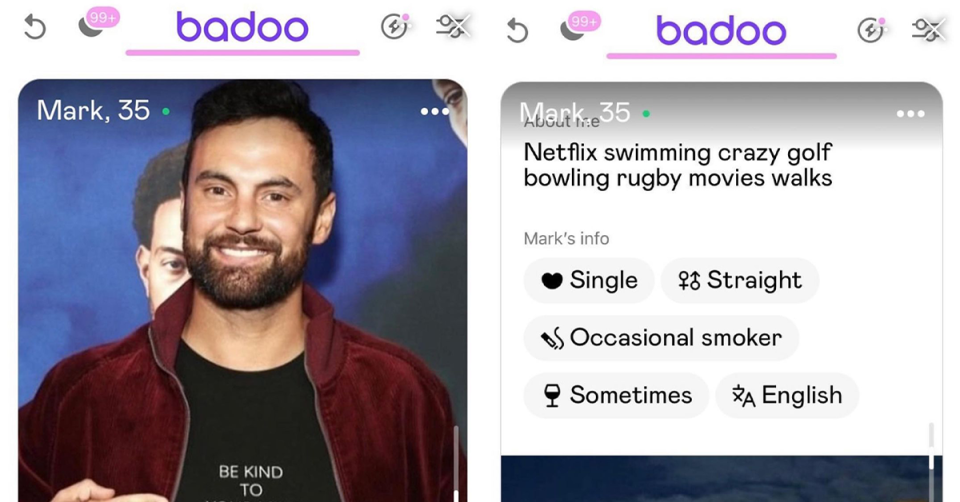 MAFS Cam's fake dating profile interests.