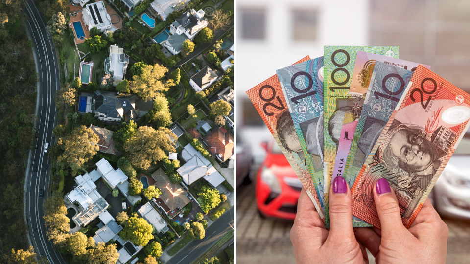 Pictured: Australian property and Australian cash. The Reserve Bank of Australia has decided to cut interest rates in July. Images: Getty