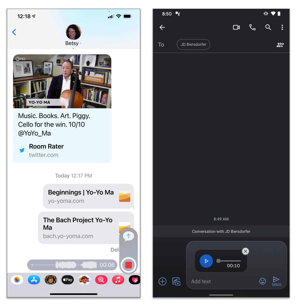 Si tú y tu destinatario utilizan la misma aplicación, como Mensajes de Apple para iOS, a la izquierda, o Messages de Google para Android, puedes grabar fácilmente un audio para enviarlo pulsando el icono de la onda sonora o del micrófono. (Vía The New York Times)