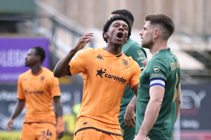 Jaden Philogene shows his frustration at Home Park