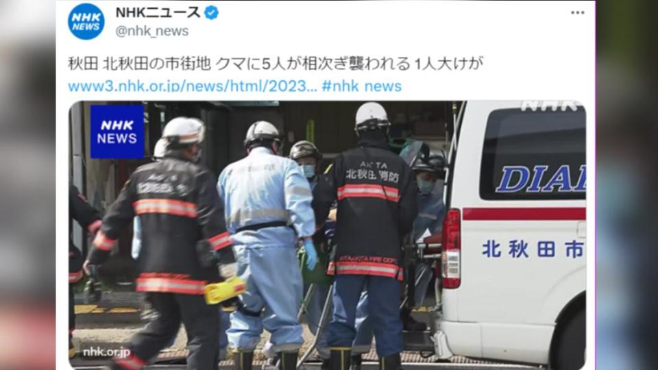 秋田縣5人遭遇熊攻擊受傷，其中1人傷勢較嚴重。（圖／翻攝自NHK推特）