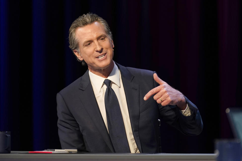 Democratic Gov. Gavin Newsom responds to a question during a gubernatorial debate with Republican challenger state Sen. Brian Dahle, held by KQED Public Television in San Francisco, on Sunday, Oct. 23, 2022. (AP Photo/Rich Pedroncelli, Pool)
