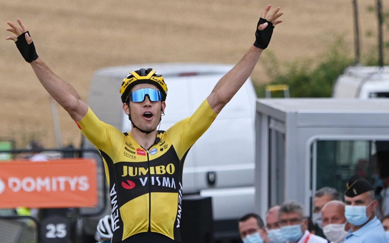 Belgian rider Wout Van Aert of Team Jumbo-Visma wins the first stage of the Criterium du Dauphine cycling race, over 218.5km from Clermont-Ferrand to Saint-Christo-en-Jarez, France, 12 August 2020. Criterium du Dauphine - 1st stage, Saint Christo En Jarez, France - 12 Aug 2020. - ANNE-CHRISTINE POUJOULAT/POOL/EPA-EFE/Shutterstock