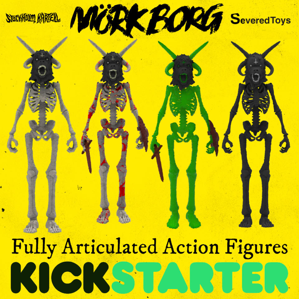 Mork Borg Kickstarter image with all four figures lined up