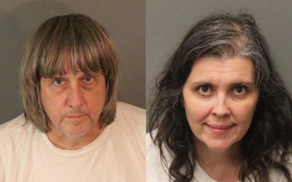 FILE - These undated photos provided by the Riverside County Sheriff's Department show David Allen Turpin, left, and Louise Anna Turpin. Several adult children among the 13 siblings freed in 2018 from virtual imprisonment in their abusive parents’ Southern California home found themselves a year later feeling pressured by the county’s guardian to move to an apartment in disrepair in a crime-ridden area, court documents showed. (Riverside County Sheriff's Department via AP, File)