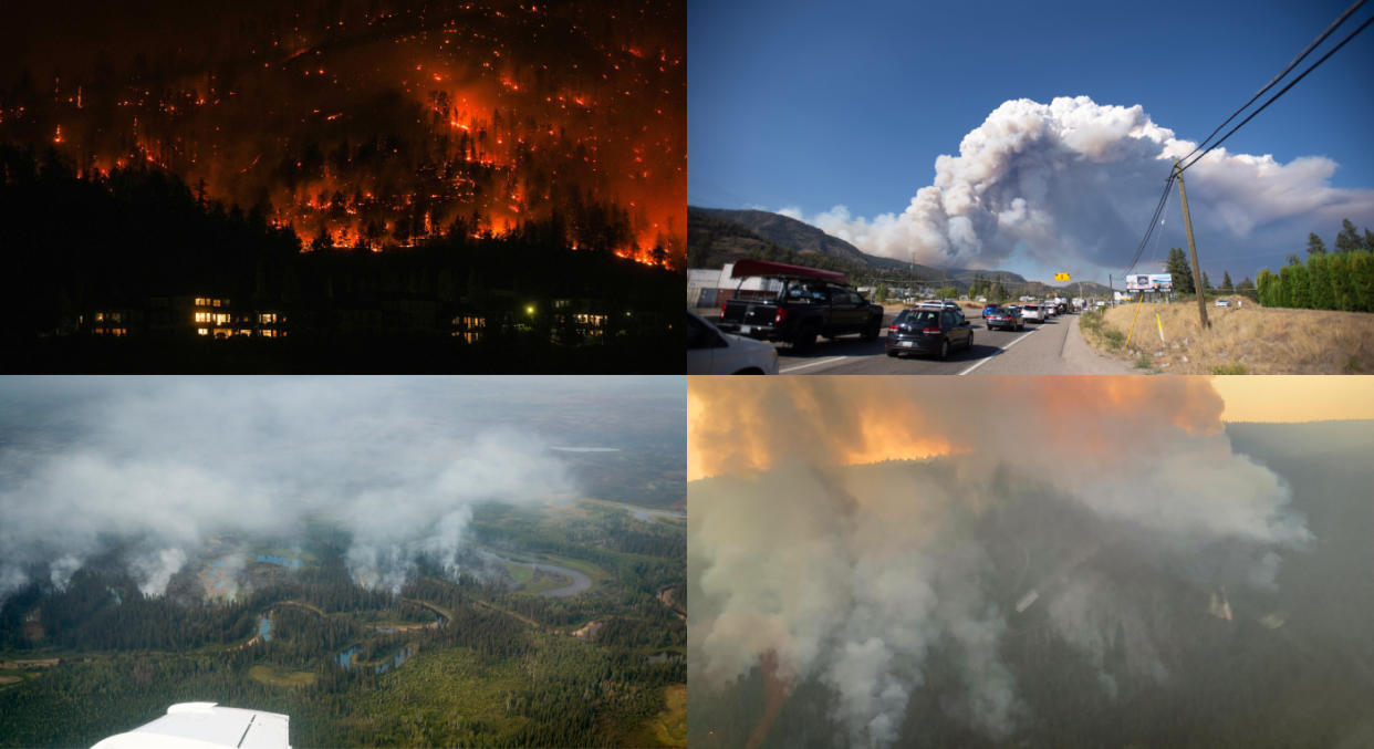 collage of images of wildfires burning in Kelowna, B.C. and Yellowknife, N.W.T.