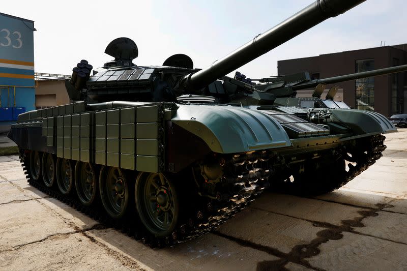 A T-72AE tank is pictured next to the arms factory in Sternberk