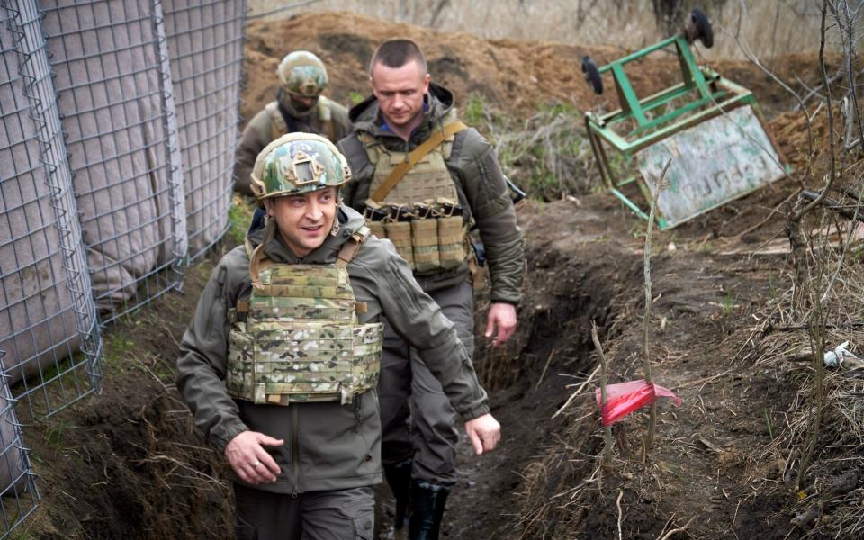 Ukrainian President Volodymyr Zelenskiy visits the war-hit Donbas region, eastern Ukraine - AP