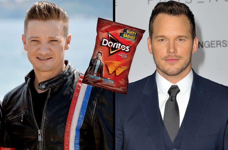 Three images: Jeremy Renner, Chris Pratt, bag of Doritos.