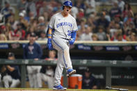 Kansas City Royals' Nick Pratto reacts after striking out looking against the Minnesota Twins during the seventh inning of a baseball game Tuesday, Aug. 16, 2022, in Minneapolis. (AP Photo/Abbie Parr)