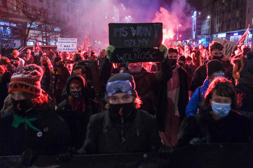 Abortion rights protesters march through Warsaw, Poland on January 27, 2021. / Credit: Omar Marques/Getty