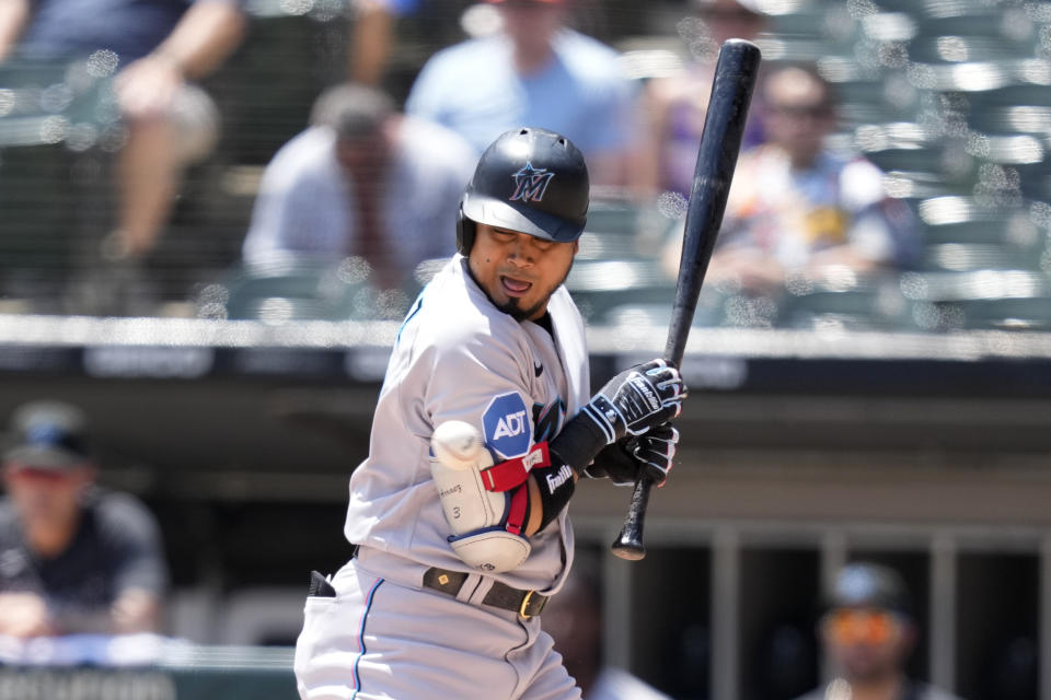 Miami Marlins' Luis Arraez is hit by a pitch from Chicago White Sox starter Michael Kopech during the first inning of a baseball game Saturday, June 10, 2023, in Chicago. (AP Photo/Charles Rex Arbogast)