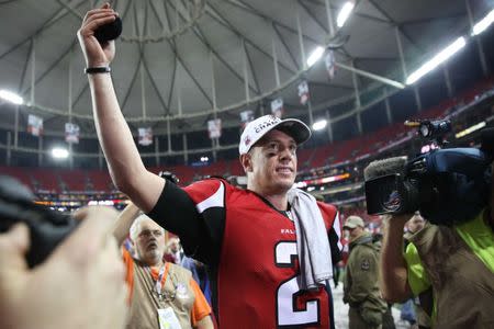 Jan 22, 2017; Atlanta, GA, USA; Atlanta Falcons quarterback Matt Ryan (2) walks off the field after the game against the Green Bay Packers in the 2017 NFC Championship Game at the Georgia Dome. Atlanta defeated Green Bay 44-21. Mandatory Credit: Jason Getz-USA TODAY Sports