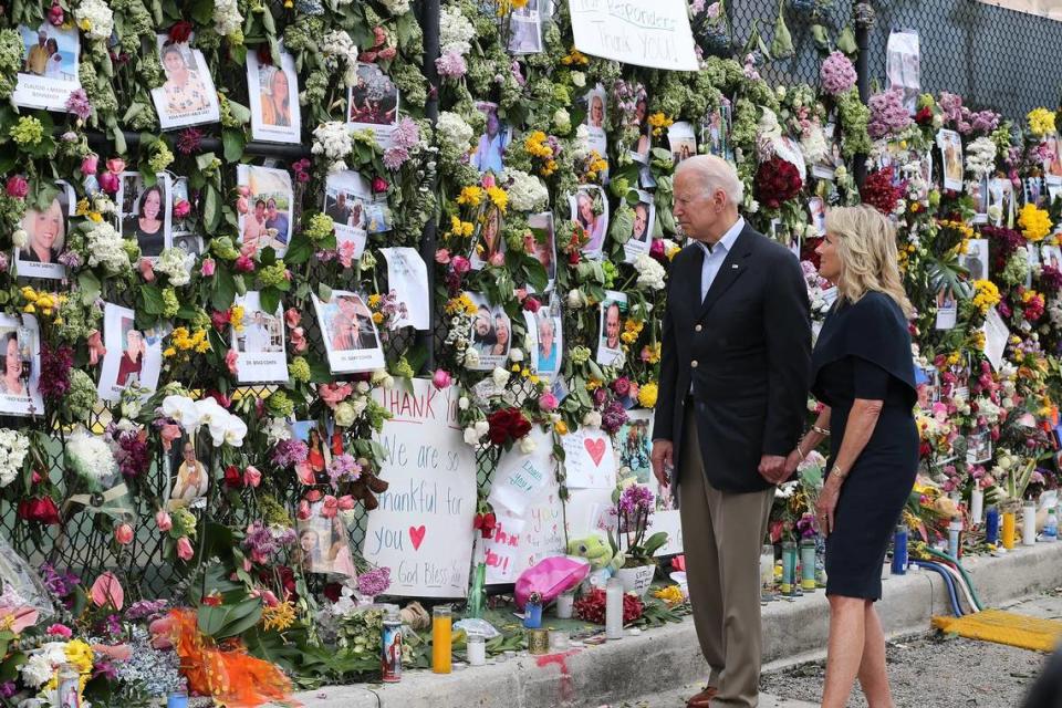 President Joe Biden and First Lady Dr. Jill Biden visit the memorial in Surfside on Thursday, July 1, 2021.