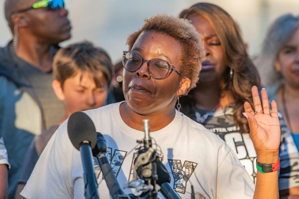 Marcia Johnson-Blanco, co-director of the Lawyers' Committee's Voting Rights Project, speaks at a press conference hosted by Black Voters Matter in front of the Supreme Court on June 25, 2021. It was the eighth anniversary of the Shelby County v. Holder decision, which gutted the Voting Rights Act.