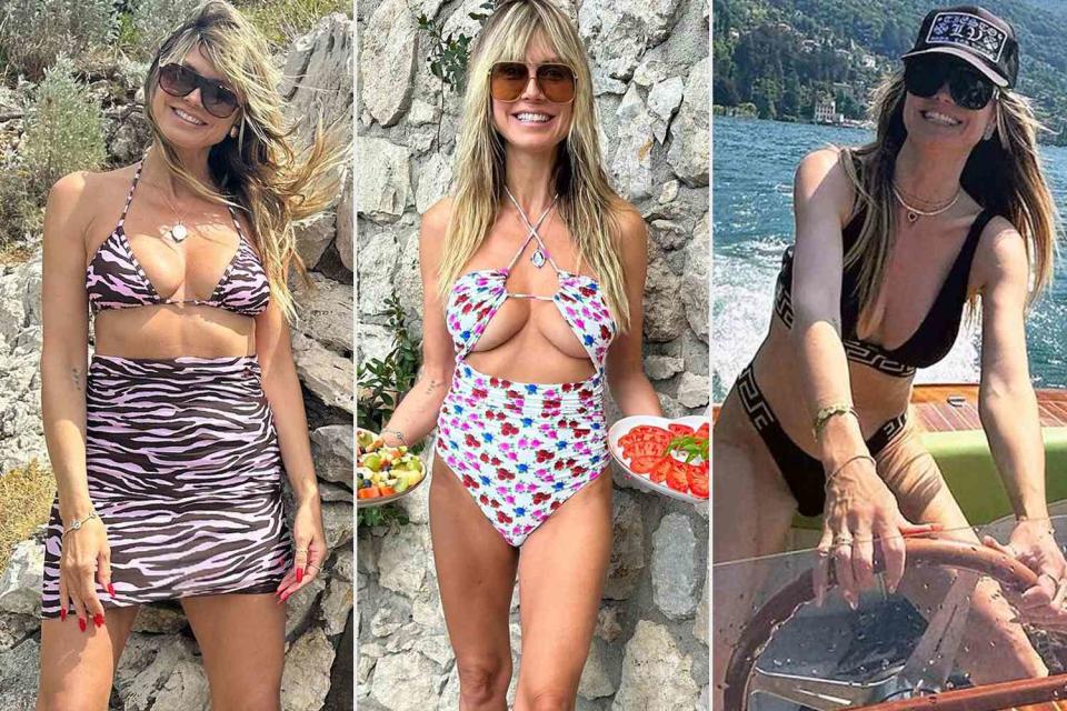 <p>Heidi Klum/Instagram</p> Three swimsuit looks Heidi Klum has worn this summer.