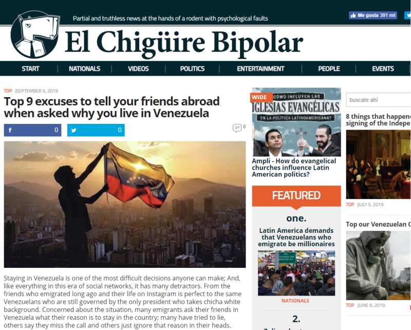 委內瑞拉諷刺新聞《雙極水豚》連經濟危機都能開玩笑，圖中標題：9個跟朋友解釋你還沒搬離委內瑞拉的好理由。（截自雙極水豚官網）