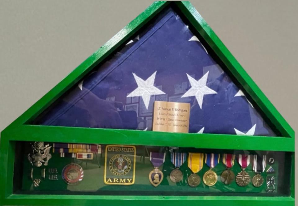 Air Force veteran David Carrasco, 83, delivered a flag display case of medals that belonged to his late uncle, Army Lt. Manuel P. Rodriguez, who died during the WWII Battle of Bataan in the Philippines. Carrasco delivered the medals  to the Victor Valley Museum in Apple Valley.