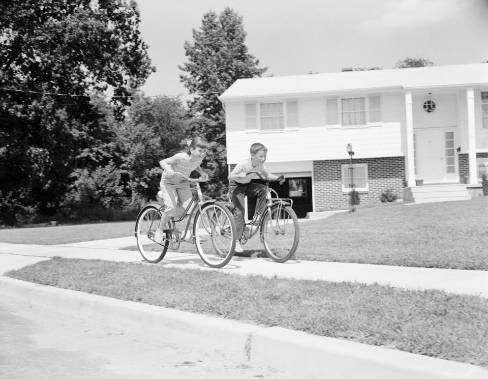 <p> Since moms did not chauffeur kids around, you had to make an older sibling drive you places or you rode your bicycle. One of the first rites of passage was the day your father taught you to ride a bike. Parents expected you to fall and made you get back on and stop whining about scraped knees and elbows. Once you got the hang of it, you could leave the house and meet up with other kids on bikes and ride around together. No one ever thought of wearing a helmet―including our crazy big brothers who rode motorcycles―but now it's a law.</p>