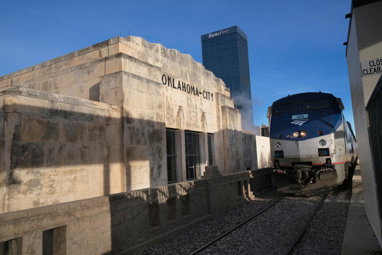 The Heartland Flyer prepares to leave the Santa Fe Station in downtown Oklahoma City in February 2024. The station could host regional transit lines if approved by voters.