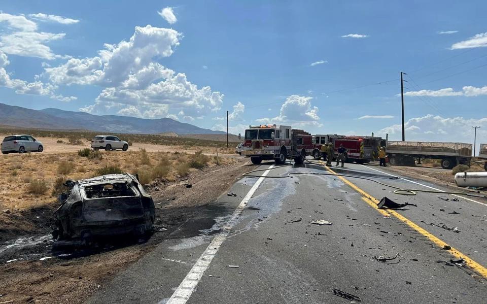 An elderly man died and two other men were hurt in a head-on collision between a car and a truck hauling propane canisters on Highway 247 east of Lucerne Valley on Monday, July 15, 2024.