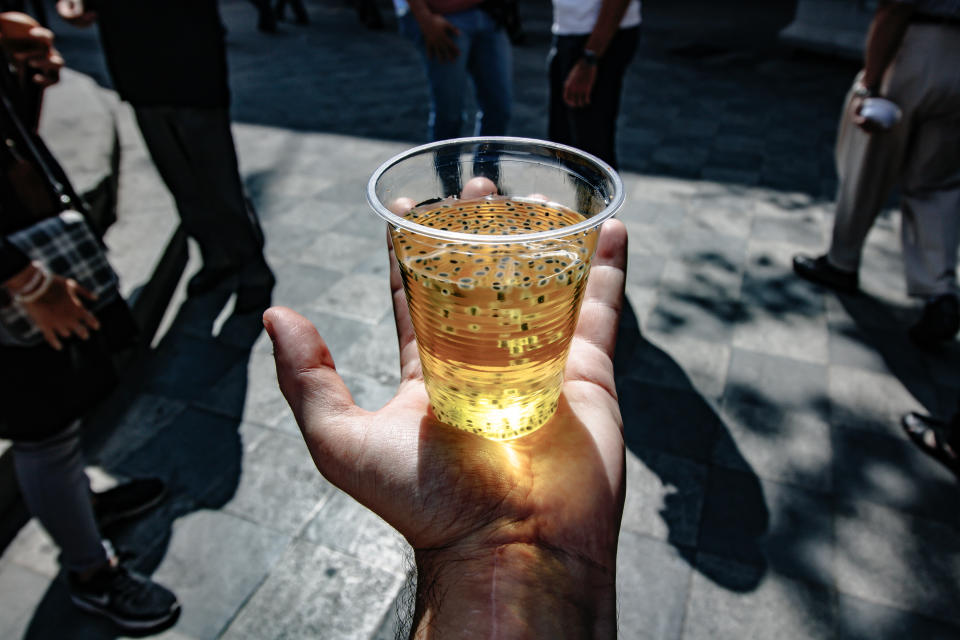 This Iranian drink was given free of charge on the national Day of Ashura. It is made of seeds and saffron syrup.