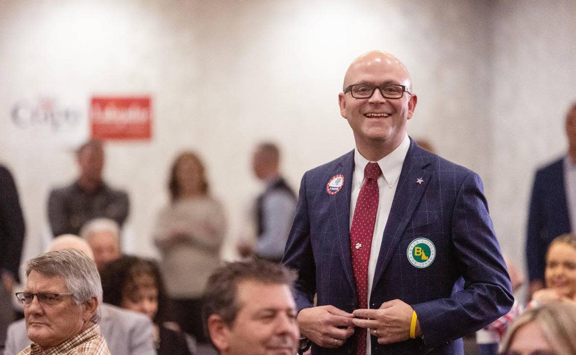 Phil McGrane, candidate for Secretary of State of Idaho, is called to the podium to give his acceptance speech at a watch party for republican candidates held at the Grove Hotel in Boise on Nov. 8, 2022.