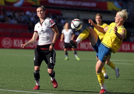 Jun 20, 2015; Ottawa, Ontario, CAN; Sweden defender Nilla Fischer (5) brings the ball down against Germany midfielder Simone Laudehr (6) during the second half in the round of sixteen in the FIFA 2015 women's World Cup soccer tournament at Lansdowne Stadium. Mandatory Credit: Matt Kryger-USA TODAY Sports