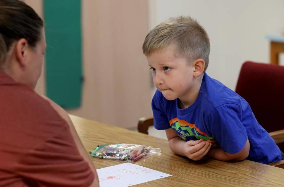 Teacher Melissa Lockhart, left, helps Whitten Doyle with his work on Friday, April 14, 2023 at Houston Elementary in Mineral Wells. Mineral Wells ISD offers a catch-up day held on Fridays for students who signed up at the beginning of the year. The program offers a mix of academics and enrichment activities throughout the day and is available for students up to fourth grade.