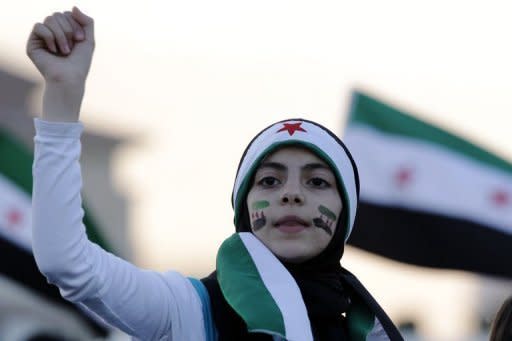 A Syrian resident in Jordan demonstrates outside the Syrian embassy in Amman on June 22. Syria confirmed on Saturday it had shot down a Turkish warplane over its territory, sparking a fresh crisis between the two countries, while accusing rebels of having massacred 25 of its supporters