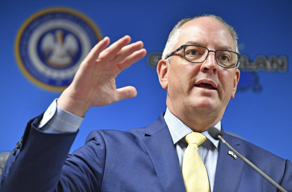 Louisiana Gov. John Bel Edwards speaks at a press conference regarding updates to coronavirus in the state, Wednesday, March 18, 2020, in Baton Rouge, La. (Hilary Scheinuk/The Advocate via AP)