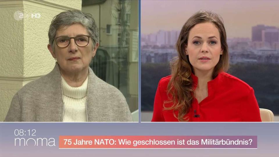 "moma"-Moderatorin Harriet von Waldenfels (rechts) hakte bei Britta Haßelmann nach: Wie gefestigt ist das Bündnis Nato - auch mit Blick auf die US-Wahlen dieses Jahr. (Bild: ZDF)